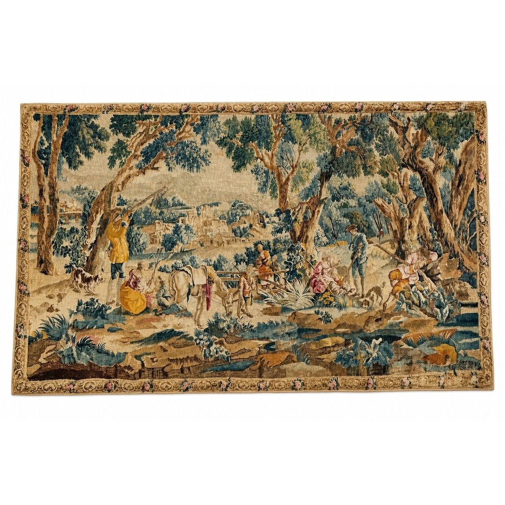 Antique French Aubusson Style Tapestry La Halte des Chasseurs Hunters' Rest